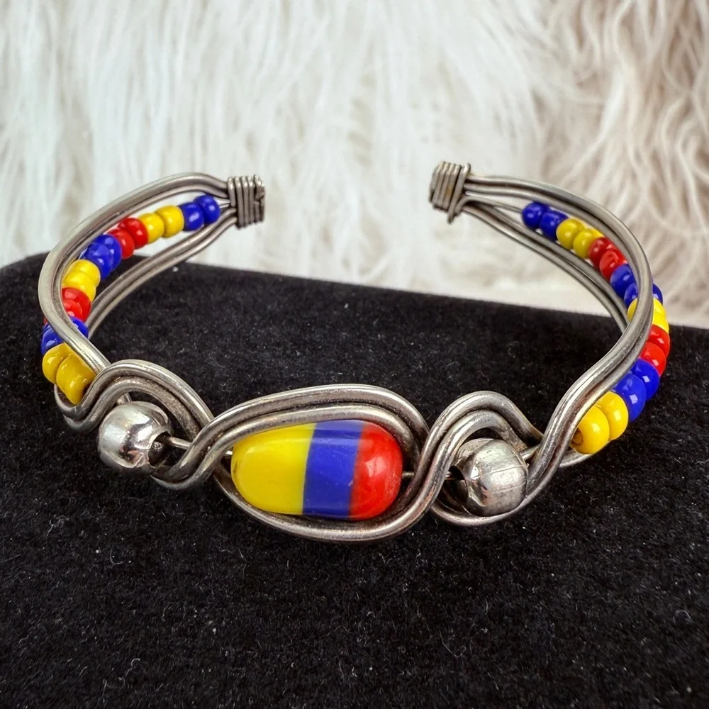 Vintage Silvertone, colorful costume, small cuff bracelet